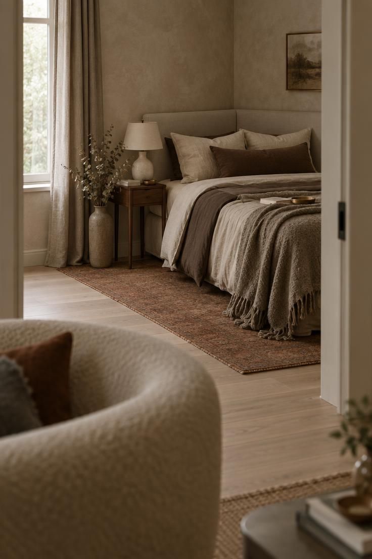 9 Mistakes People Make with a Bedroom with Living Room Area 1 A bed with an upholstered headboard positioned in the far corner of a combined bedroom and living room, with a curtain at its edge and a soft runner defining the sleeping zone.