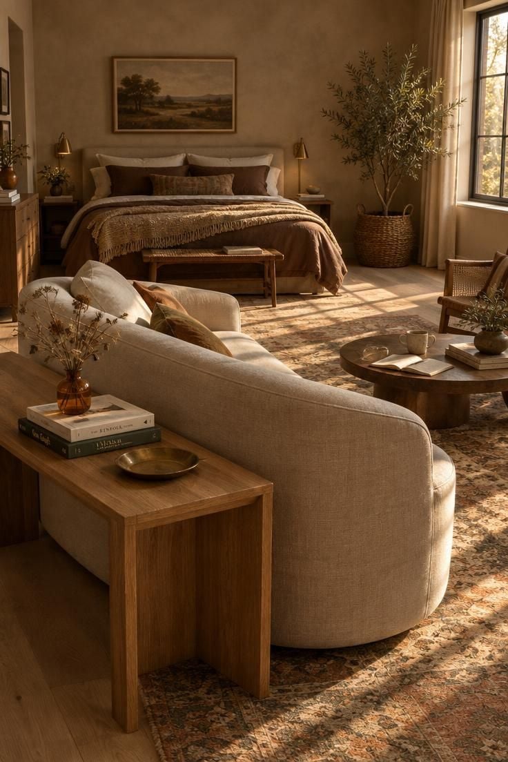 9 Mistakes People Make with a Bedroom with Living Room Area 2 A floated sofa with a slim console behind it separating the living area from the bed in a combined bedroom and living room, lit by warm late-afternoon light.