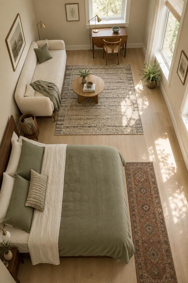 9 Mistakes People Make with a Bedroom with Living Room Area 3 An overhead view of a combined bedroom and living room showing compact furniture footprints, two rugs, and clear walkways between the sleeping and sitting zones.