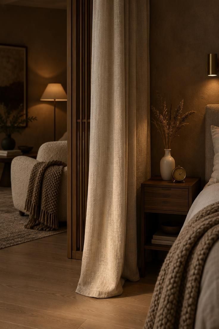 9 Mistakes People Make with a Bedroom with Living Room Area 4 A close-up of a linen curtain and slatted oak screen dividing the sleeping zone from the living area in a combined bedroom, lit by low warm lamplight.