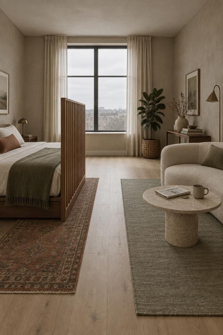 9 Mistakes People Make with a Bedroom with Living Room Area 5 A combined bedroom and living room viewed at eye level with a platform bed, a partially screening slat divider, and a compact sofa arranged in one balanced composition under cool overcast light.