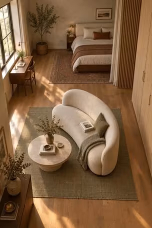 An overhead view of a finished combined bedroom and living room showing a corner bed, a floated sofa dividing the space, a desk by the window, and clear walkways under warm late-afternoon light.