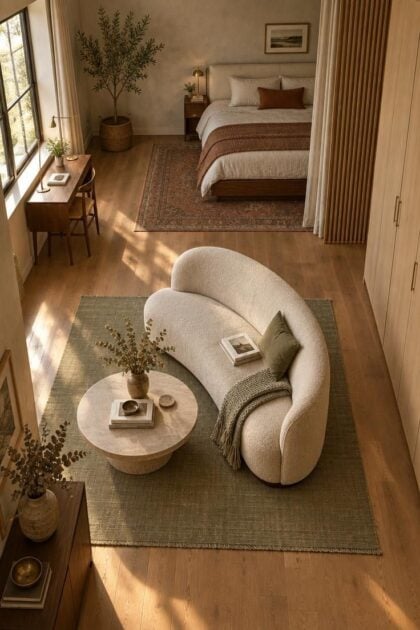 9 Mistakes People Make with a Bedroom with Living Room Area An overhead view of a finished combined bedroom and living room showing a corner bed, a floated sofa dividing the space, a desk by the window, and clear walkways under warm late-afternoon light.