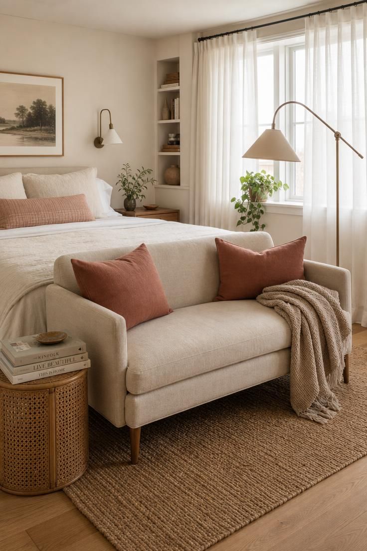 A low-profile linen loveseat at the foot of a bed in a calm, light-filled bedroom.