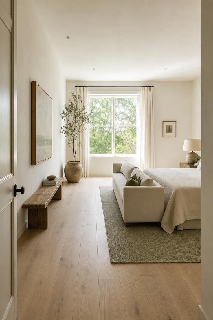A bright bedroom seen from the doorway with a clear walkway between the bed and a slim sofa.