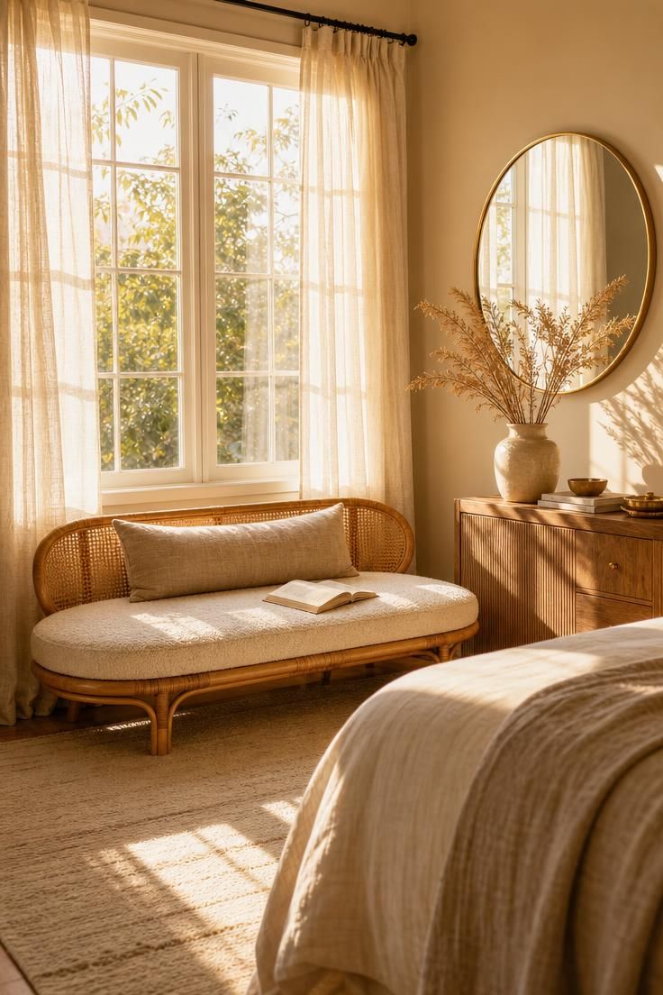 A low-backed settee beneath a sunlit window with a mirror reflecting the afternoon light.