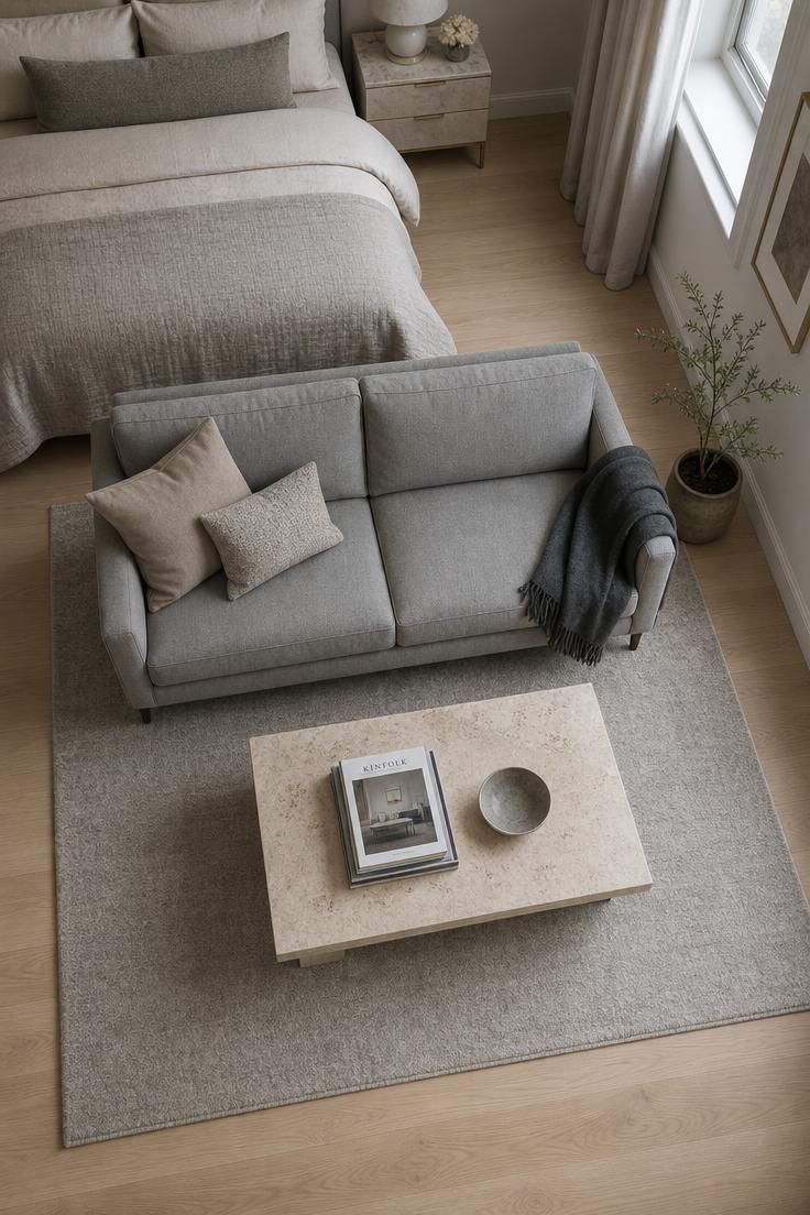 An overhead view of a compact sofa with its front legs on a rug that anchors the seating area.