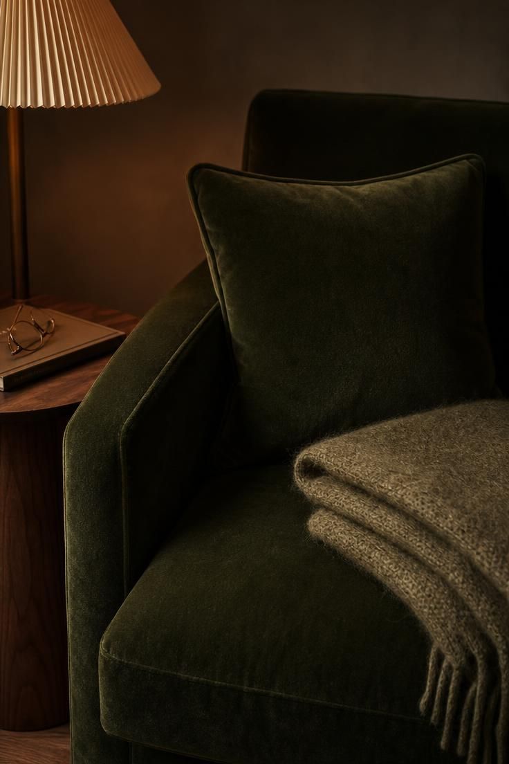 A close-up of a green velvet bedroom sofa styled simply with one cushion and a folded throw.