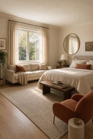 A calm, well-proportioned bedroom with a low sofa against the wall, anchored by a rug and accent chair.
