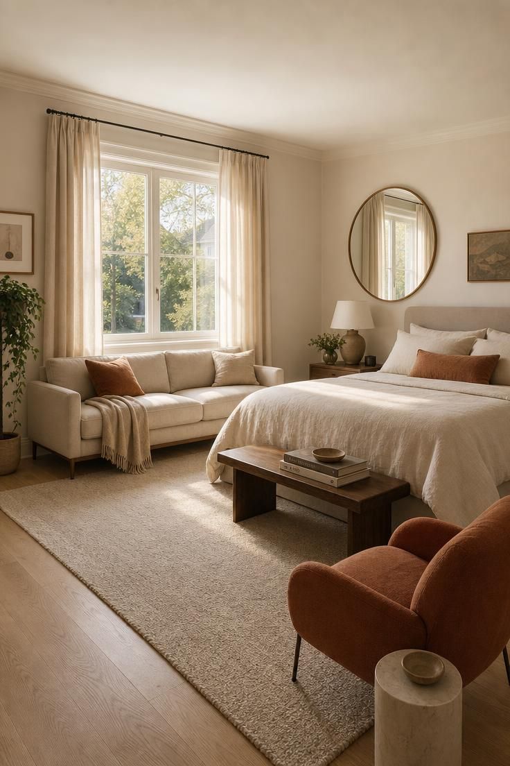 Simple Spaces 17 A calm, well-proportioned bedroom with a low sofa against the wall, anchored by a rug and accent chair.