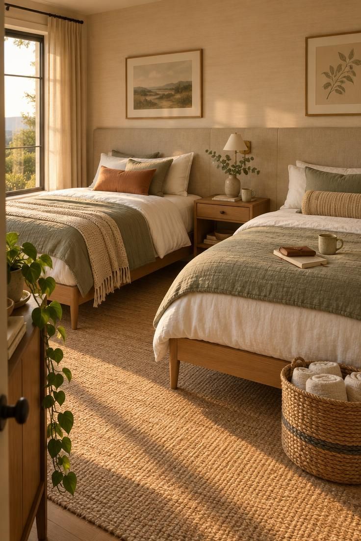 How to Style a Bedroom with Two Beds So It Feels Balanced, Not Boxy 1 A two-bed guest room with a full-width upholstered headboard, oak bed frames, and sage and white layered bedding in warm golden late afternoon light.