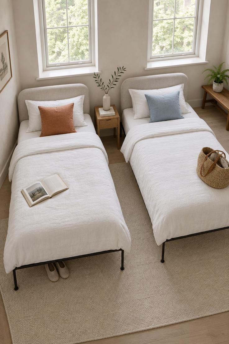 How to Style a Bedroom with Two Beds So It Feels Balanced, Not Boxy 2 An overhead view of a parallel bed layout with two twin beds, a narrow shared nightstand, and clear floor space at the outer side of each bed.