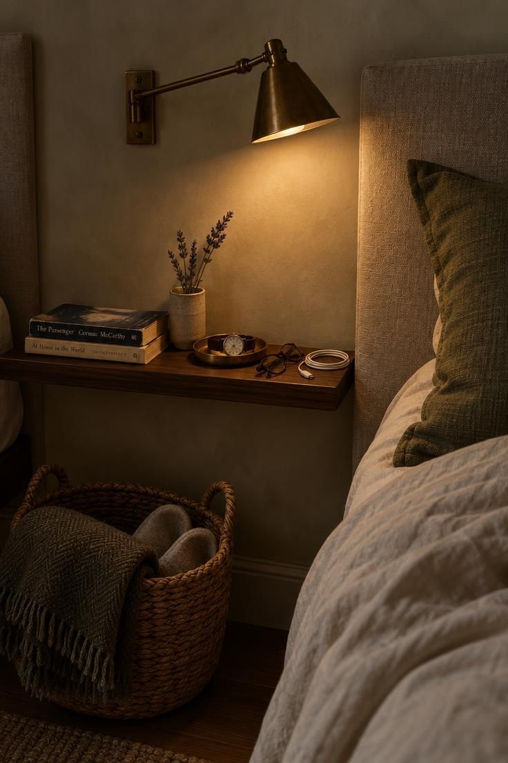 How to Style a Bedroom with Two Beds So It Feels Balanced, Not Boxy 3 A close-up of a bedside wall-mounted reading light, a narrow walnut ledge with books, and a woven basket beside a neatly made bed.