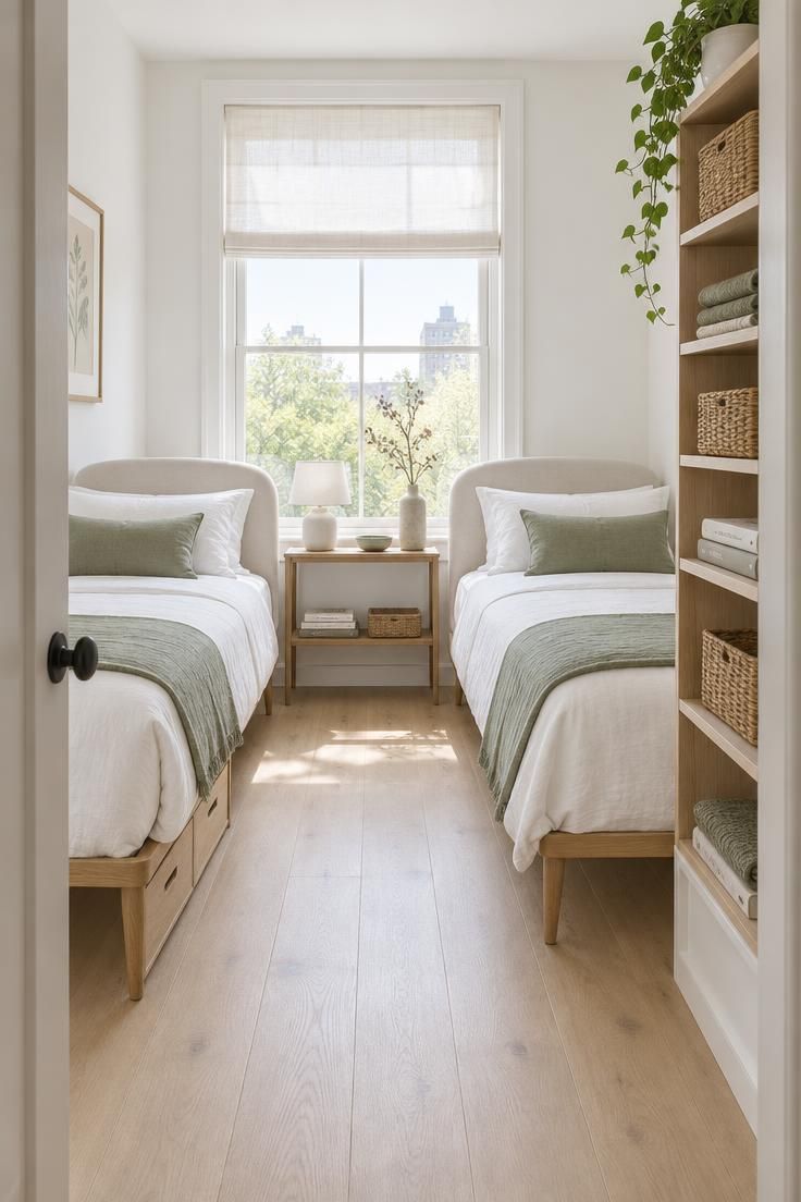 How to Style a Bedroom with Two Beds So It Feels Balanced, Not Boxy 4 A doorway view into a compact two-bed room with slim-profile furniture, white walls and bedding, and visible floor space between the beds.