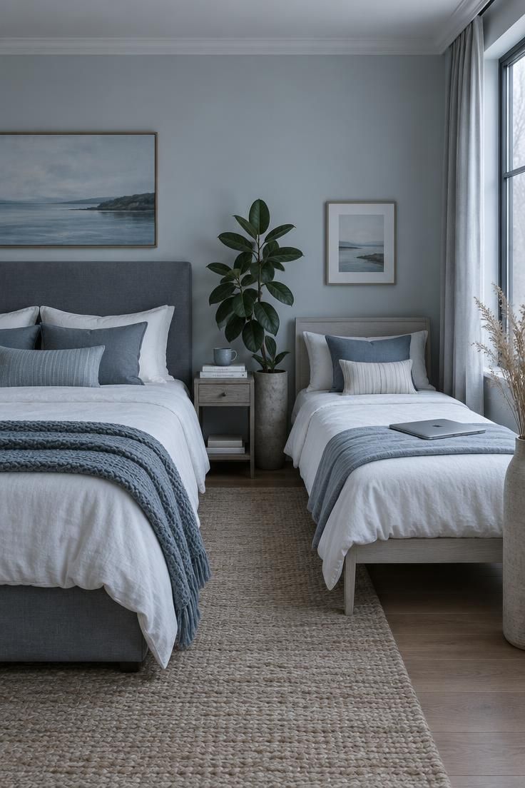 How to Style a Bedroom with Two Beds So It Feels Balanced, Not Boxy 5 An eye-level room view showing a full-size bed paired with a twin bed, with different headboard heights and coordinated white and blue bedding.