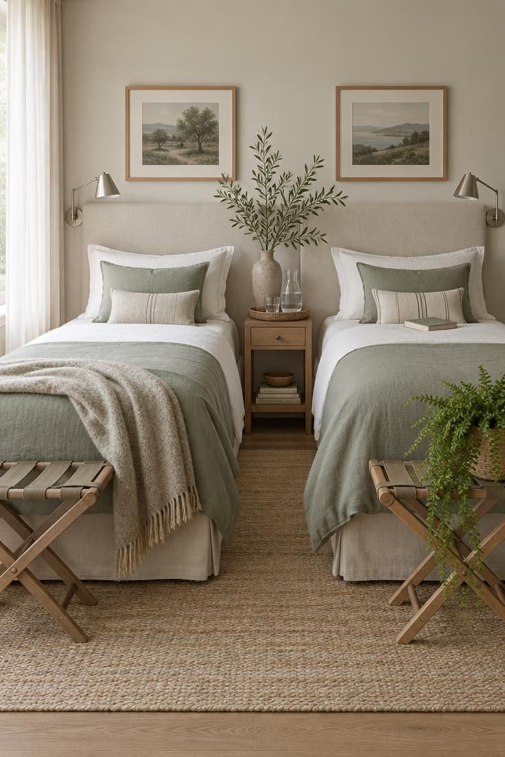 How to Style a Bedroom with Two Beds So It Feels Balanced, Not Boxy 6 A finished two-bed guest room with a full-width ivory headboard, individual swing-arm sconces, and coordinated warm white and sage bedding.