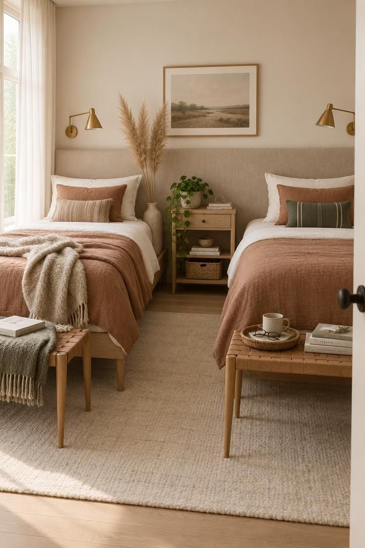 A finished two-bed guest room with a full-width oat linen headboard, oak frames, and coordinated warm white and clay bedding in soft morning light.