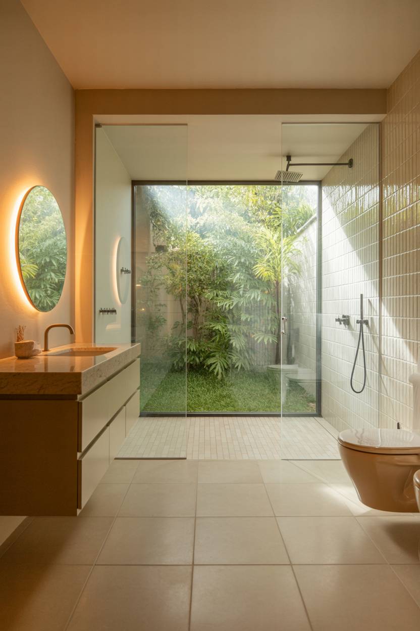 23 Beige Bathroom Ideas to Create a Calm, Stylish Space 1 Modern spacious beige bathroom with walk-in shower, floating vanity, and large window