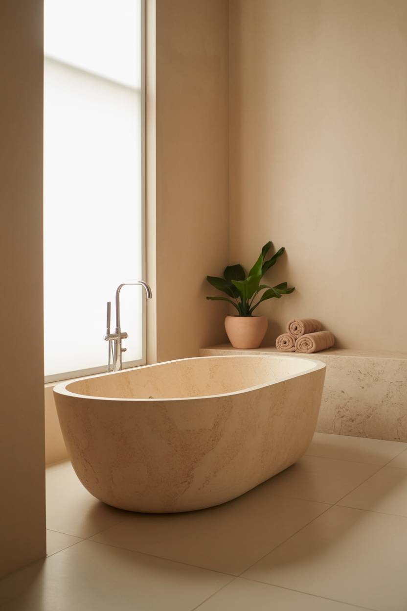 23 Beige Bathroom Ideas to Create a Calm, Stylish Space 2 Beige bathroom featuring oval freestanding bathtub near window with natural light