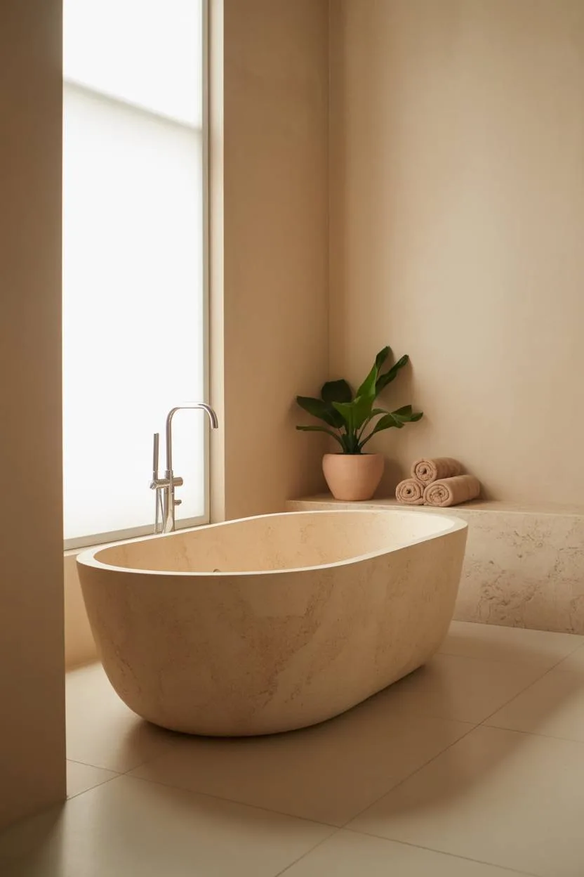 23 Beige Bathroom Ideas to Create a Calm, Stylish Space 2 Beige bathroom featuring oval freestanding bathtub near window with natural light