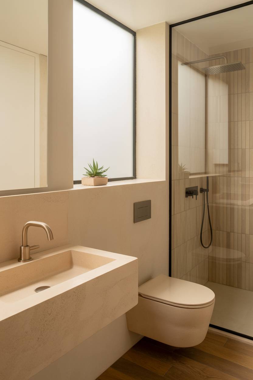 23 Beige Bathroom Ideas to Create a Calm, Stylish Space 3 Minimalist beige bathroom with rectangular sink, wall-mounted toilet, and glass shower