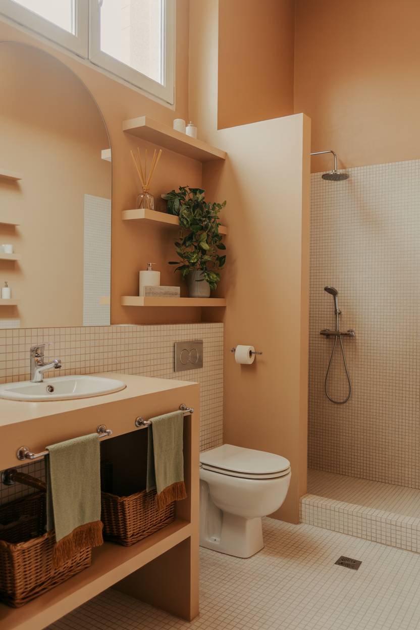 23 Beige Bathroom Ideas to Create a Calm, Stylish Space 4 Cozy beige bathroom with toilet, sink, shower, and decorative plant with minimalist decor