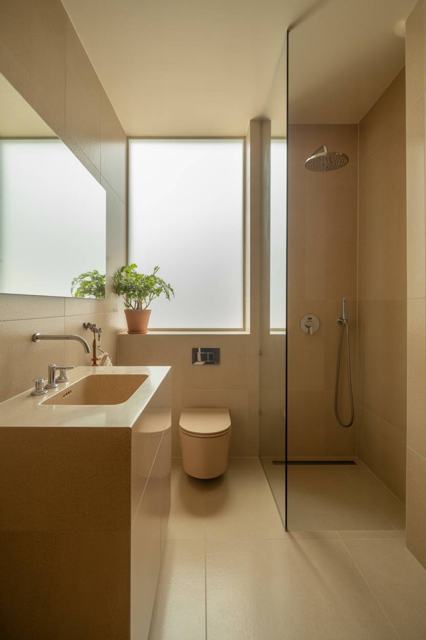 23 Beige Bathroom Ideas to Create a Calm, Stylish Space 5 Stylish beige bathroom with white sink, chrome faucet, modern toilet, and glass shower