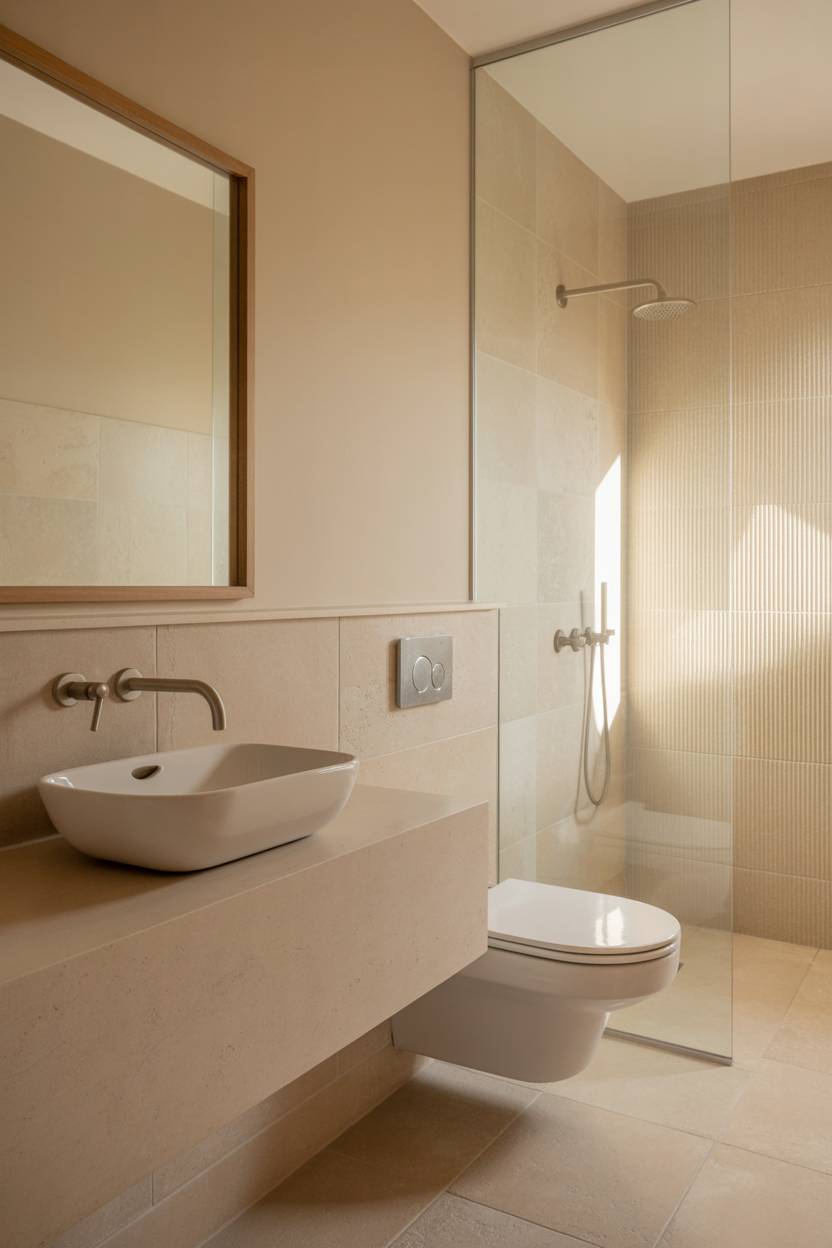 23 Beige Bathroom Ideas to Create a Calm, Stylish Space 6 Modern beige bathroom with white sink on off-white vanity, toilet, and glass-enclosed shower