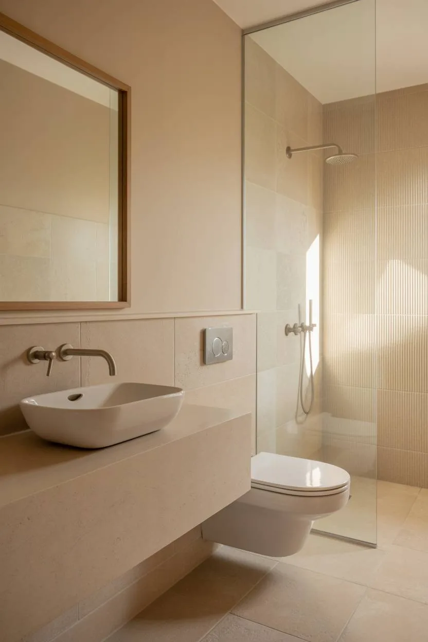 23 Beige Bathroom Ideas to Create a Calm, Stylish Space 6 Modern beige bathroom with white sink on off-white vanity, toilet, and glass-enclosed shower