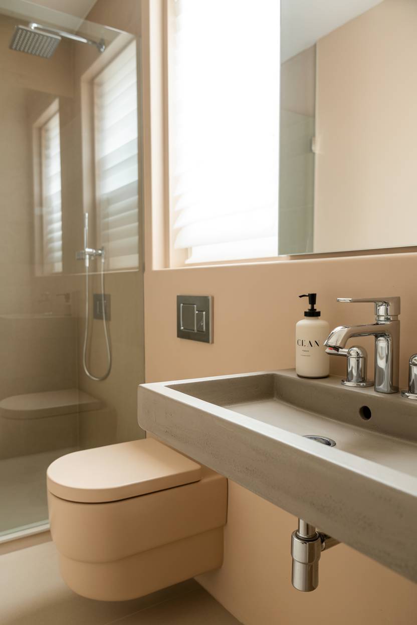 23 Beige Bathroom Ideas to Create a Calm, Stylish Space 7 Stylish beige bathroom with modern floating concrete sink, wall-mounted toilet, and glass shower