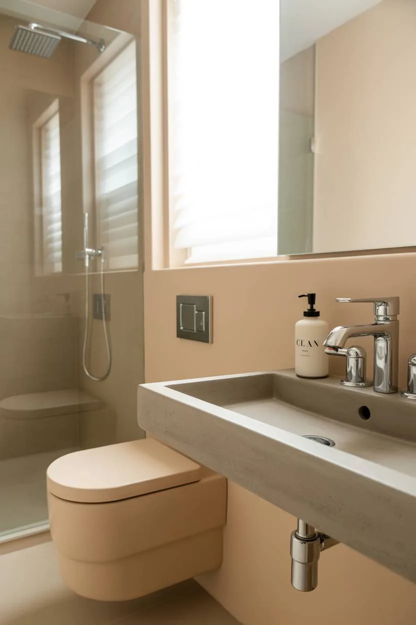 23 Beige Bathroom Ideas to Create a Calm, Stylish Space 7 Stylish beige bathroom with modern floating concrete sink, wall-mounted toilet, and glass shower
