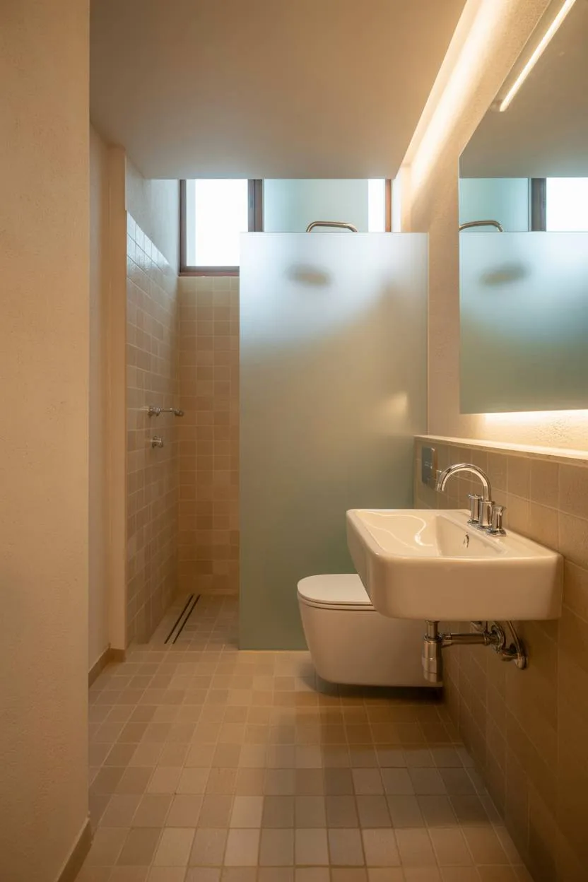 23 Beige Bathroom Ideas to Create a Calm, Stylish Space 8 Modern beige tile bathroom with white sink, chrome faucet, corner toilet, and glass shower