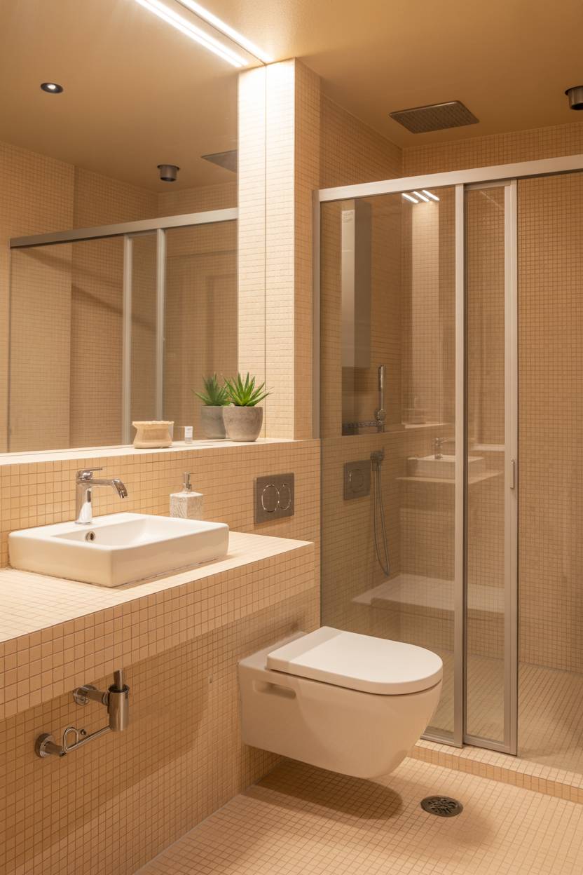 23 Beige Bathroom Ideas to Create a Calm, Stylish Space 9 Stylish beige tile bathroom with white ceramic sink on floating vanity, toilet, and glass shower