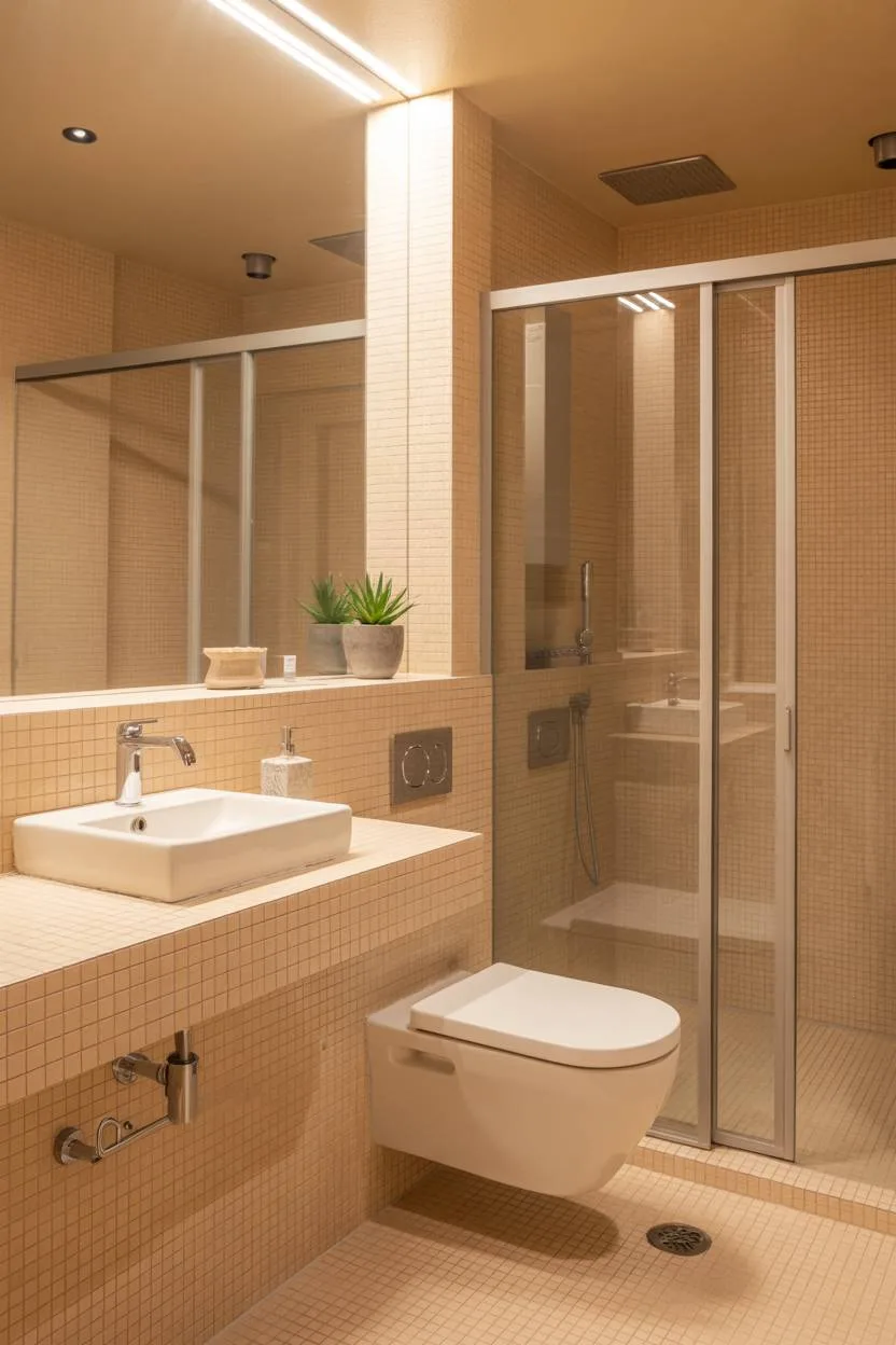 23 Beige Bathroom Ideas to Create a Calm, Stylish Space 9 Stylish beige tile bathroom with white ceramic sink on floating vanity, toilet, and glass shower
