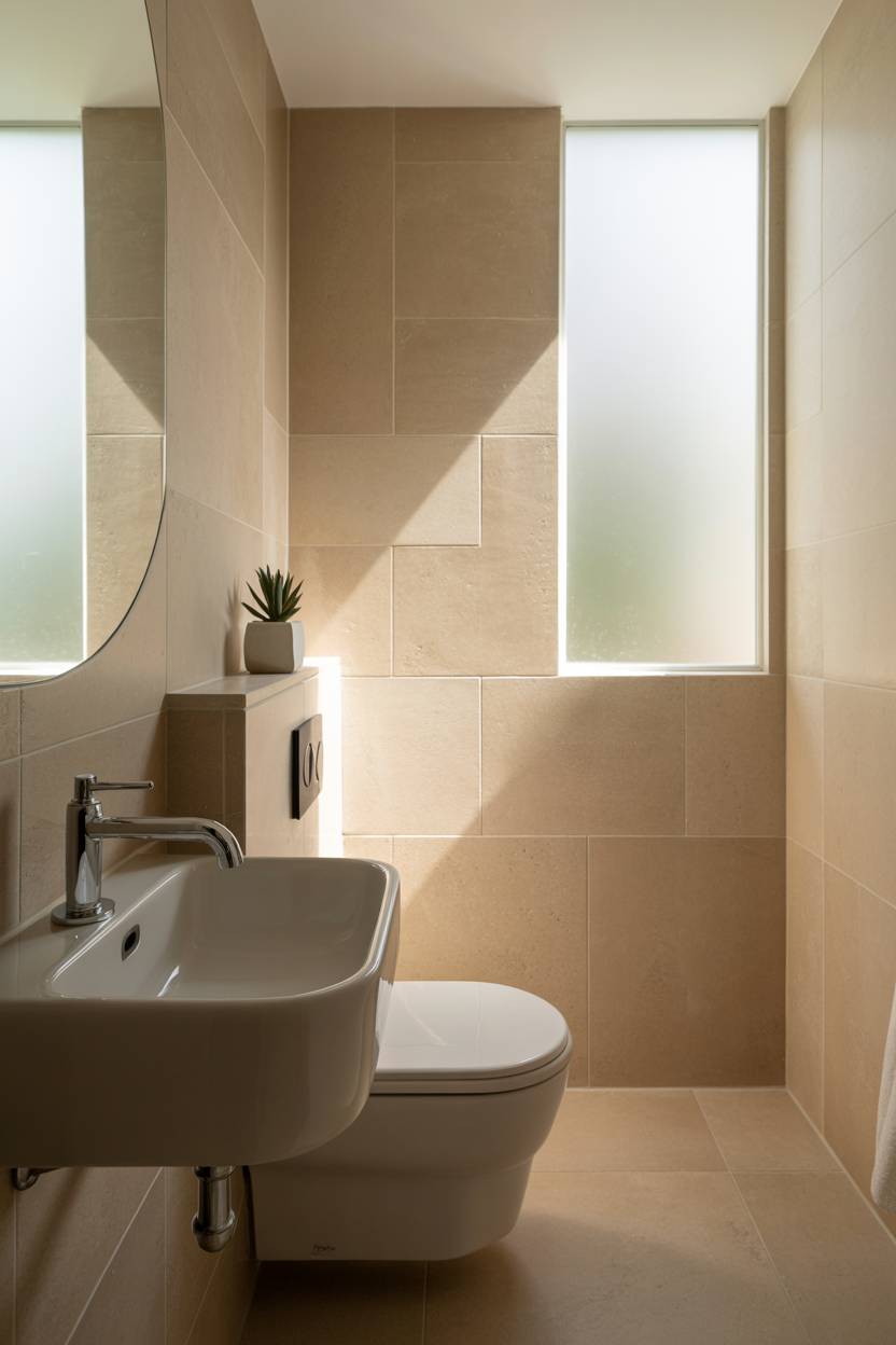 23 Beige Bathroom Ideas to Create a Calm, Stylish Space 10 Modern beige tile bathroom with white sink, chrome faucet, white toilet, and frosted window