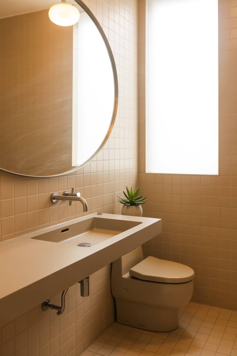 23 Beige Bathroom Ideas to Create a Calm, Stylish Space 12 Minimalist beige tile bathroom with wall-mounted sink, large round mirror, and modern toilet