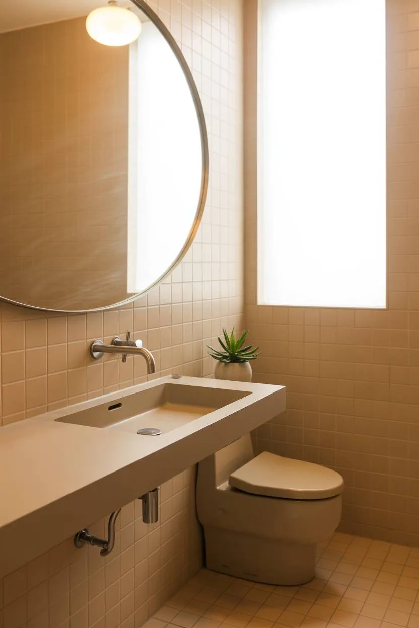 23 Beige Bathroom Ideas to Create a Calm, Stylish Space 12 Minimalist beige tile bathroom with wall-mounted sink, large round mirror, and modern toilet