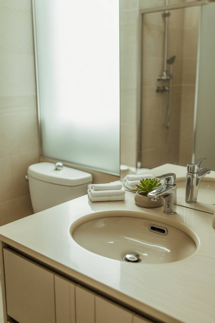 23 Beige Bathroom Ideas to Create a Calm, Stylish Space 13 Modern beige and white bathroom with polished stone sink on wooden vanity, toilet, and glass shower