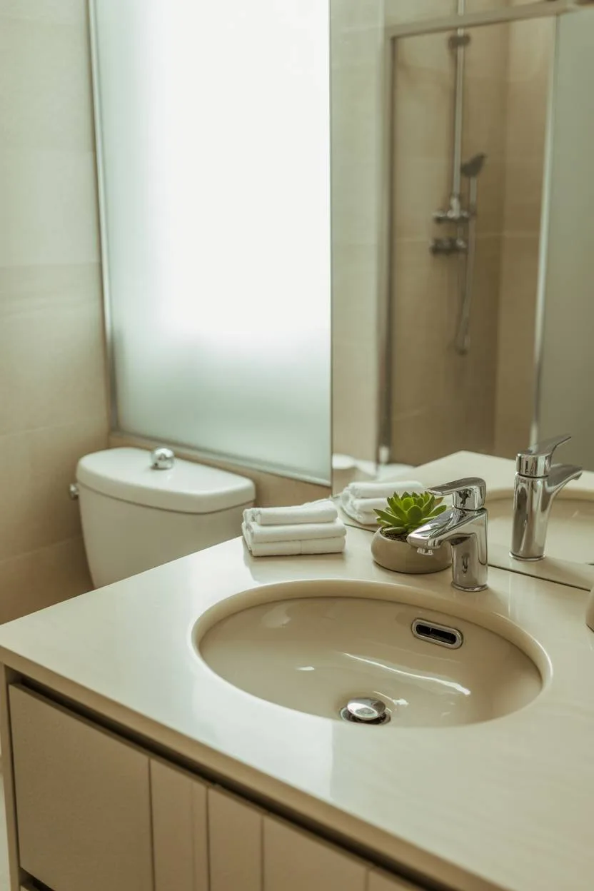 23 Beige Bathroom Ideas to Create a Calm, Stylish Space 13 Modern beige and white bathroom with polished stone sink on wooden vanity, toilet, and glass shower