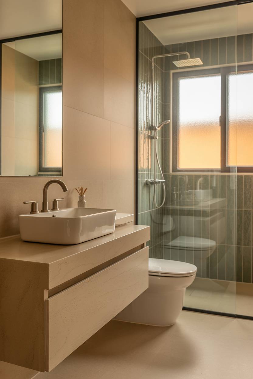 23 Beige Bathroom Ideas to Create a Calm, Stylish Space 14 Modern beige bathroom with white sink on floating wooden vanity, toilet, and glass shower