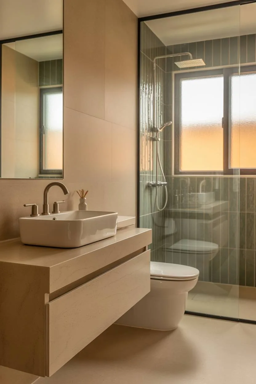 23 Beige Bathroom Ideas to Create a Calm, Stylish Space 14 Modern beige bathroom with white sink on floating wooden vanity, toilet, and glass shower