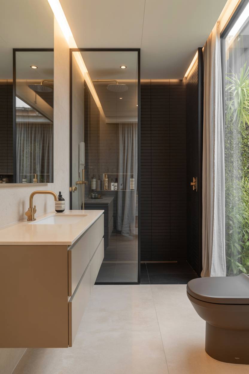 23 Beige Bathroom Ideas to Create a Calm, Stylish Space 15 Luxurious black and beige bathroom with white sink, gold faucet, grey toilet, and black tiled shower