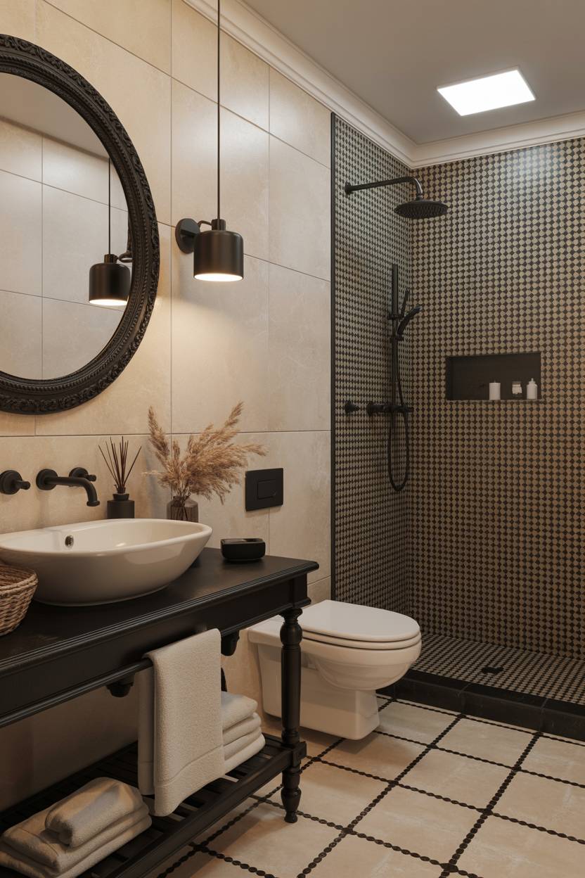23 Beige Bathroom Ideas to Create a Calm, Stylish Space 16 Modern bathroom with round mirror, vessel sink, black fixtures, wall-mounted toilet, and walk-in shower