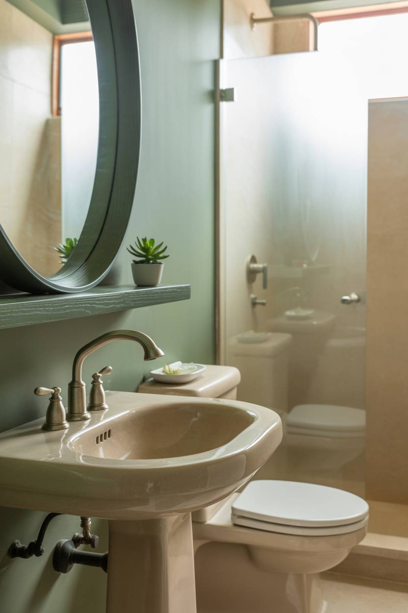 23 Beige Bathroom Ideas to Create a Calm, Stylish Space 17 Modern bathroom with beige pedestal sink, round mirror with dark green frame, toilet, and glass shower