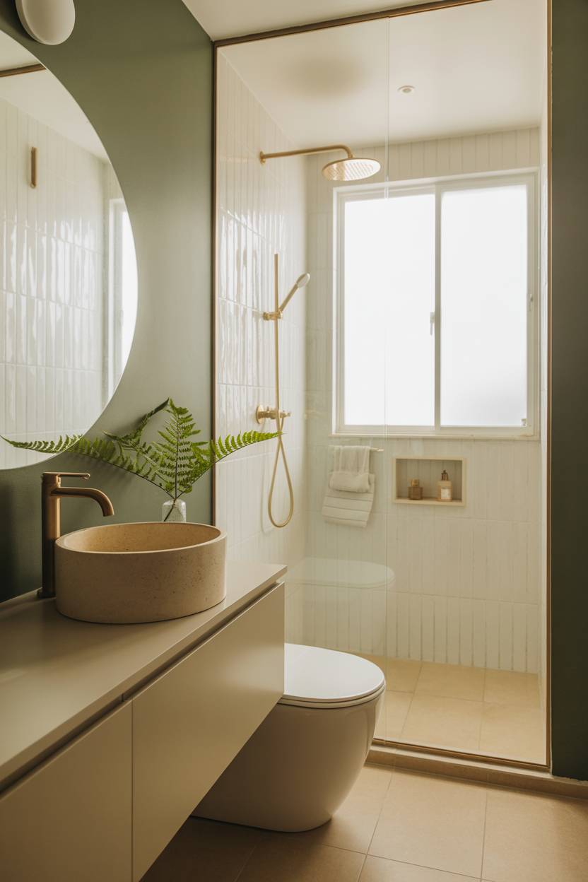 23 Beige Bathroom Ideas to Create a Calm, Stylish Space 18 Modern bathroom with circular sink, gold faucet, white toilet, glass shower panel, and potted fern