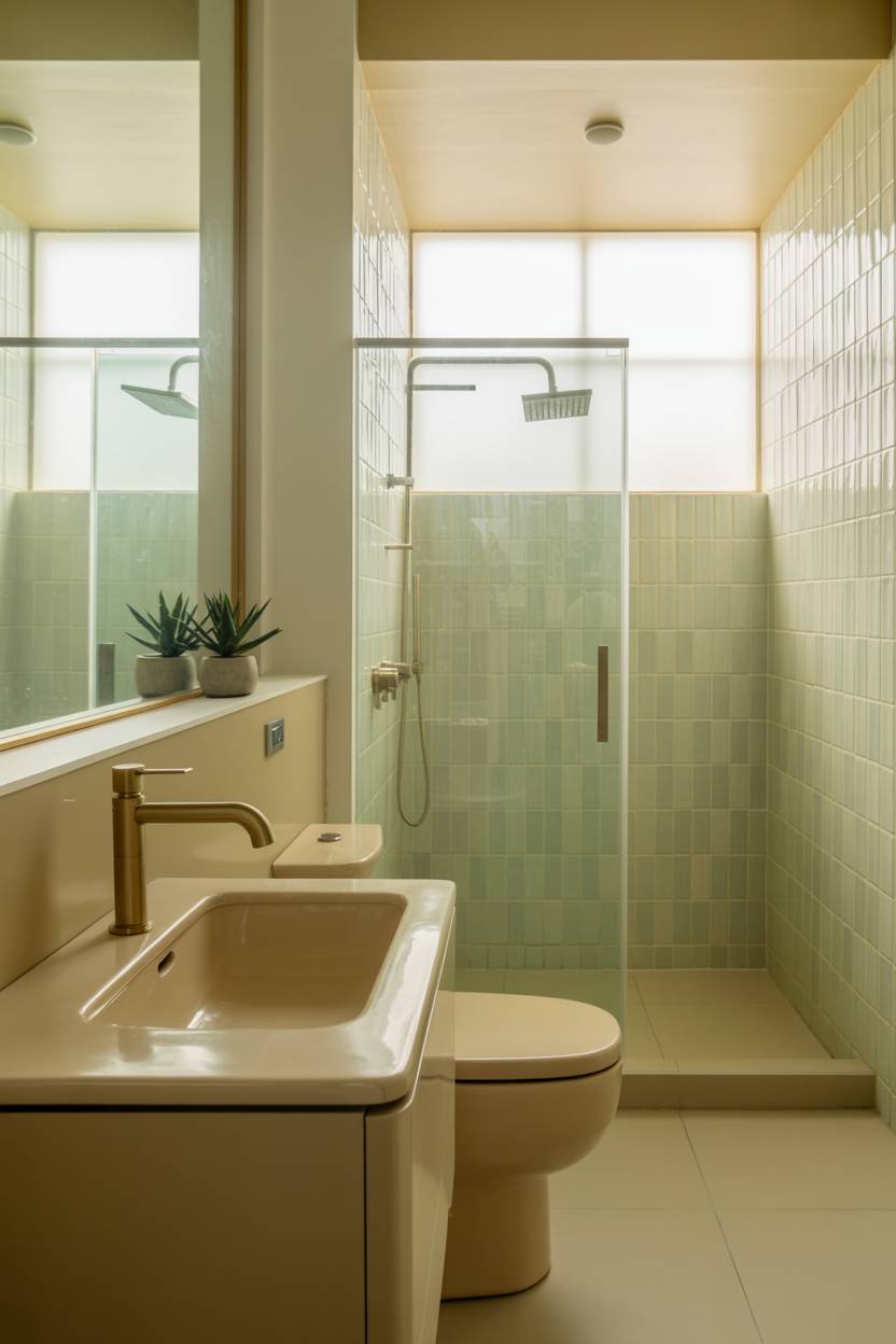 23 Beige Bathroom Ideas to Create a Calm, Stylish Space 19 Modern bathroom with white sink, gold faucet, toilet, and glass shower with green tiles