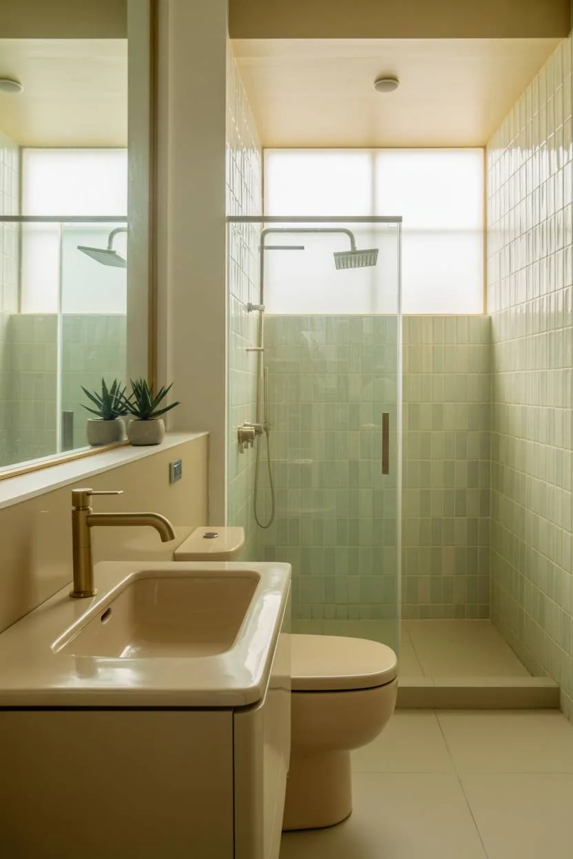 23 Beige Bathroom Ideas to Create a Calm, Stylish Space 19 Modern bathroom with white sink, gold faucet, toilet, and glass shower with green tiles