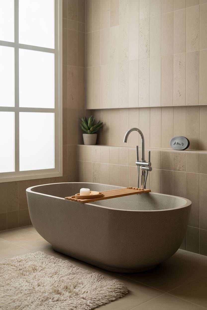 23 Beige Bathroom Ideas to Create a Calm, Stylish Space 20 Modern bathroom with grey freestanding bathtub, beige tiles, ivory bath mat, and potted succulent