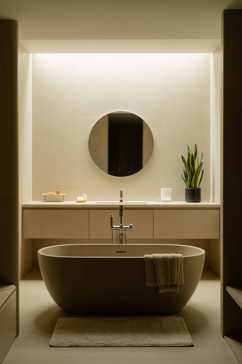 23 Beige Bathroom Ideas to Create a Calm, Stylish Space 21 Modern bathroom with grey freestanding soaking tub, floating vanity, circular mirror, and snake plant
