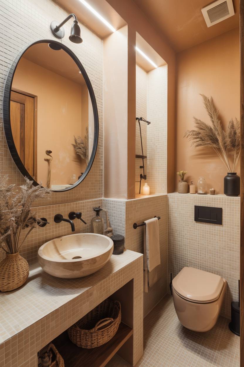 23 Beige Bathroom Ideas to Create a Calm, Stylish Space 22 Cozy bathroom with beige tiles, round mirror, stone sink, black fixtures, pampas grass, and wicker baskets